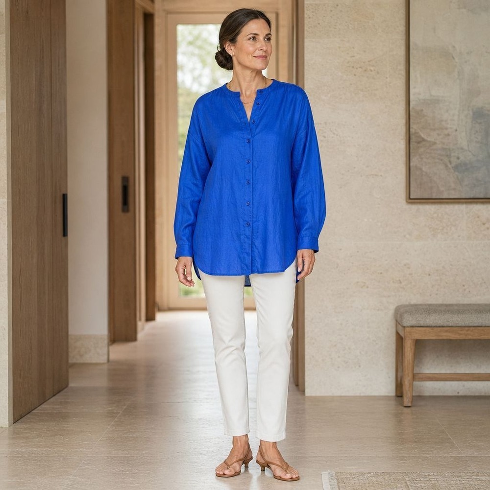 Diane Von Furstenberg Tunic Blouse Womens M Blue Button Front Vintage Minimalist